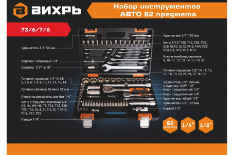 Набор инструментов Вихрь АВТО, 1/2" , 1/4" , CrV, в кейсе 82 предм в Санкт-Петербурге